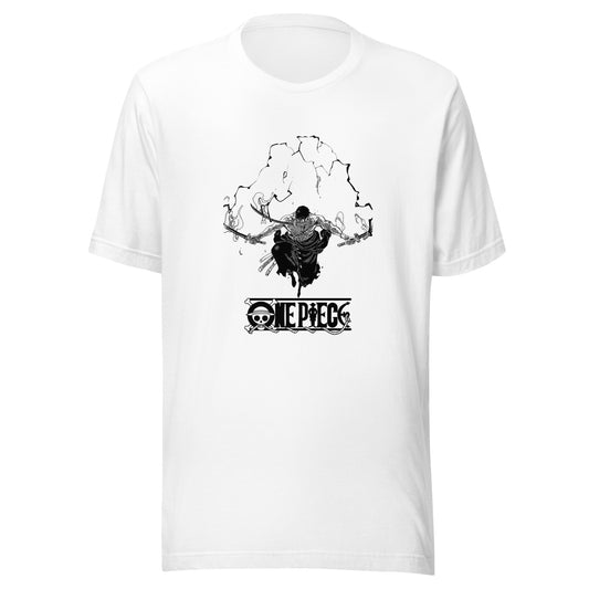 One Piece Luffy Gear 4 Unisex T-Shirt featuring a striking black design on a white fabric.
